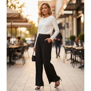 Spring Haze Black Pleated Wide-Leg Pants Flowy High-Rise Trousers Size L